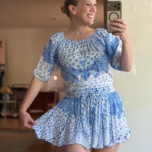 Poupette St. Barth Size Small Blue White Floral Smocked Mini Dress Swim Beach